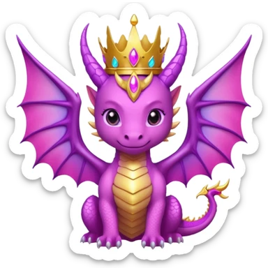 cute pink dragon queen with golden crown, big wings, glowing purple and pink aura, sparkling eyes, epic kawaii fantasy style, bold outline, high contrast, transparent background, twitch badge sticker