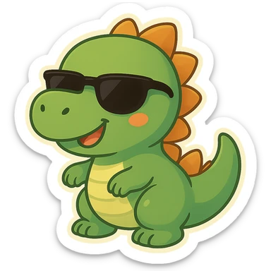 Add cool black sunglasses to the funny dinosaur in cartoon chibi sticker style, keep the background transparent. sticker