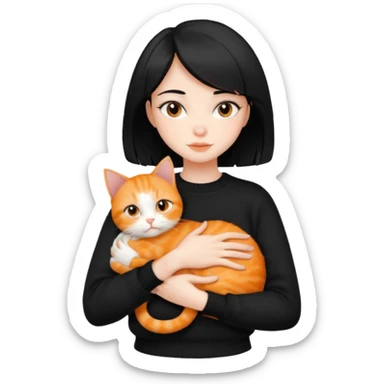 A beautiful girl with short black hair in a black sweater holds a orange cat in her arms sticker