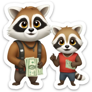 1 male raccoon and 1 female red panda each holding a bag of cash sticker