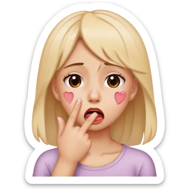 Girl crying and covering mouth and making finger heart sticker