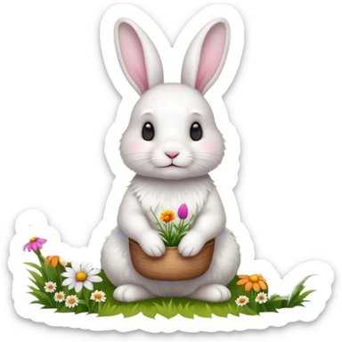 A fluffy white rabbit sitting in a meadow full of colorful flowers, ultra-realistic, high detail, soft morning light sticker