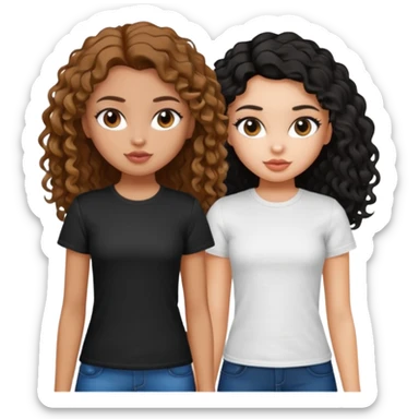 2 pretty bratz fair girls. One has straight brown hair and is tan, wearing a white tshirt. One is fair with curly black hair, wearing a black tshirt  sticker