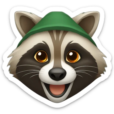 brown raccoon with orange eyes and a dark green hood that is laughing sticker