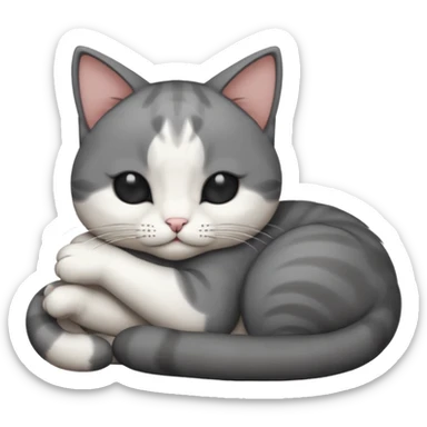 dark grey and white small cat with its eyes closed lying down leaning on its elbow with its paw curled under its head holding it up sticker