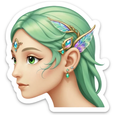 portrait of Elvish fae shiny sparkly iridescent translucent diaphanous ear climber ear cuff sticker