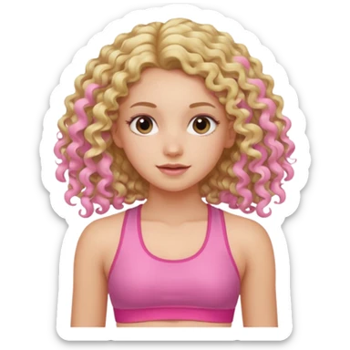 long hair curly blond haired girl DOING EXERCISE in a cute pink set sticker