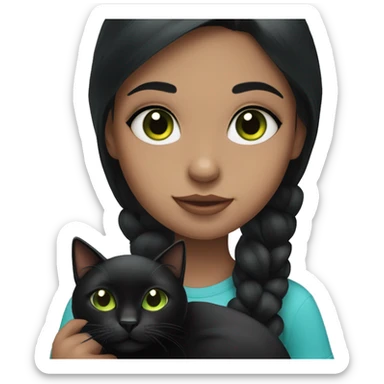Girl with black hair and blue eyes holding a black cat with green eyes  sticker
