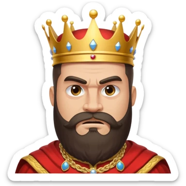 vull un perosnatge estil bimoji que sigui alt i fort amb una musculatura marcada i poderosa. Té una barba espessa i el cabell arriba fins a l'alçada del coll. Se'l representa amb la indumentària real i una corona al cap. Que tingui cara d'enfadat. sticker