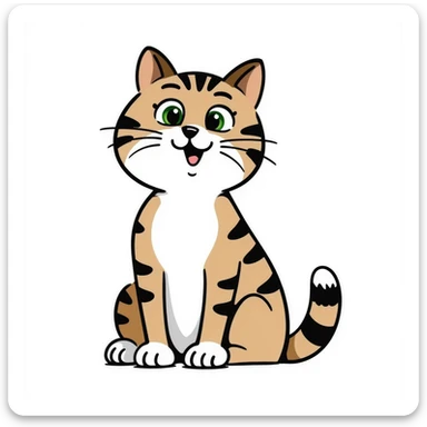 Brown, white, and black tabby cat with green eyes sitting to show its white belly, hand-drawn style sticker