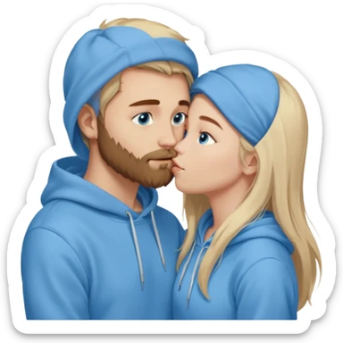 Long-pale-blonde hair, beautiful girl with blue eyes-wearing a light blue hoodie, facing, kissing brownish hair and beard boy blue eyed white guy sticker