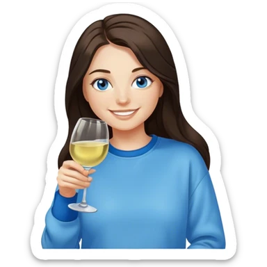 Dark brown long hair fair woman blue eyes drinking white wine in sweatshirt smiling sticker