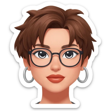 Female very very short brown hair few spikes hoop earrings glasses full lips sticker