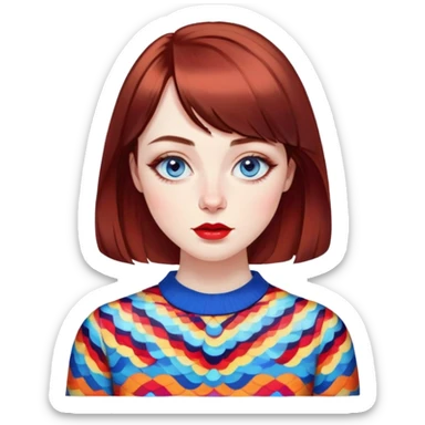 Artistic young woman with pale skin, oval face, large expressive blue eyes with eyeliner, thin arched eyebrows, small nose, full lips with red lipstick, dark auburn hair that's straight with slight waves at ends, straight bangs, wearing a bright colorful patterned top, warm creative expression sticker