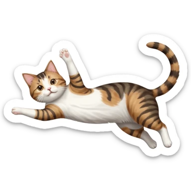 brown tabby and white cat with doing a big extremely long stretch reaching up into the air with arms and legs side by side together straight and overextended whilst lying on its side sticker