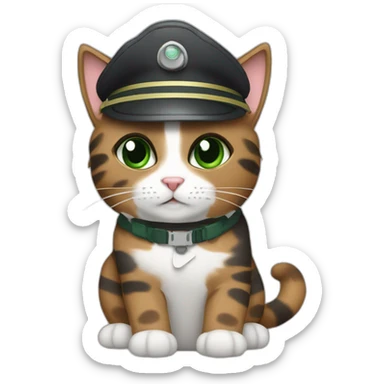 full brown and grey calico cat with green eyes dressed as a pilot sticker