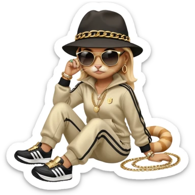 female cat dressed like Run DMC in tracksuit, fedora, Adidas shoes, dark sunglasses, lots of gold chains, rings, bracelets, earrings, lying on the ground after falling sticker