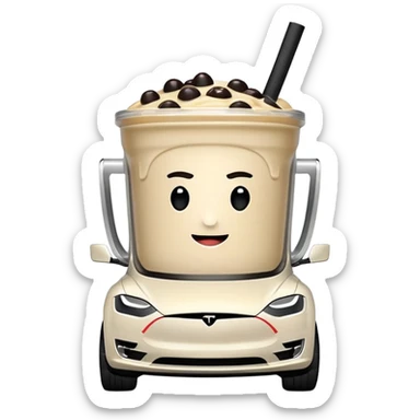 Boba tea in tesla, without a person and with the tesla logo keep the boba tea like that and make it the car and the boba tea how it was and cream boba tea just a little smaller to go on pinterest sticker