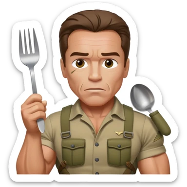 Young Arnold Schwarzenegger from the Commando poster wearing khaki with war make up on ready to fight with fork and spoon seen above chest  sticker