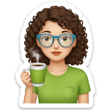 White girl with dark brown curly hair, brown eyes, sky blue glasses, apple green t shirt, drinking coffee sticker