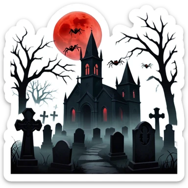 Icon for Horror Movies: A chilling collage with dark silhouettes of monstrous figures, eerie graveyards, and creepy elements like spiders and tombstones. Ghostly fog surrounds, with a blood-red moon in the sky. The mood is unsettling, eerie, and haunting. Transparent background. sticker