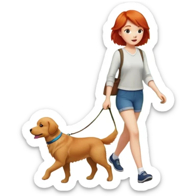 A girl with super short red hair walking a golden retriever sticker