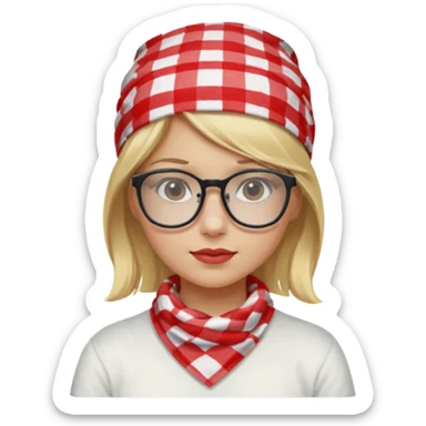 girl blonde hair, wear red and white checkered bandana, glasses sticker