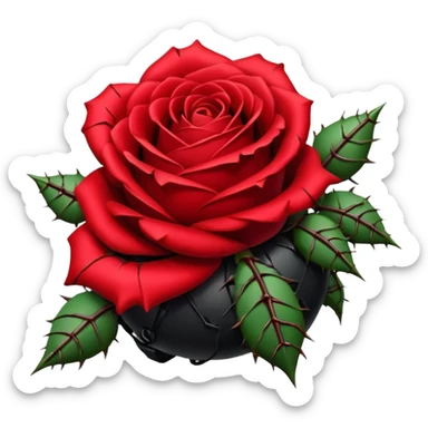 Deep red (#7A0F1E) no gradients, transparent background, high contrast, clean gothic aesthetic, designed to be readable at 128x129px a red rose wrapped around a bomb covered in thorns sticker
