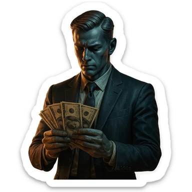 business man with money in his hands cinematic mannequin style sticker