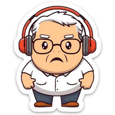 Brown old man with medium white hair, wearing glasses and headphones, looking surprised and angry, no facial hair, chubby, looking to the upper left corner sticker