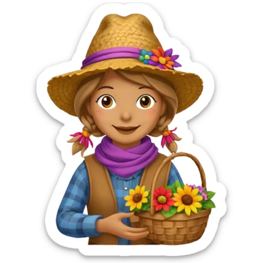 Scarecrow, Smiling face, colorful scarf, flower hat, holding a small basket. sticker