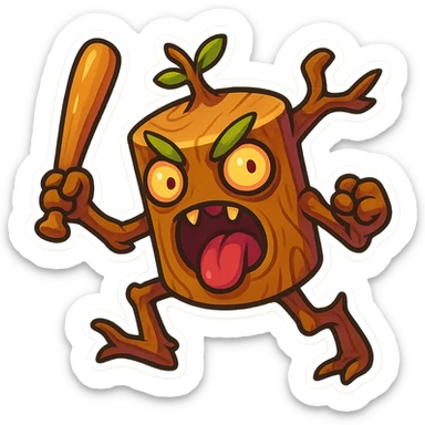 square image of absurd wooden stick-man creature, drum-like cylindrical body, holding baseball bat, cartoon style, bright vivid colors, expressive face, dynamic pose, a bit creepy yet funny,  sticker