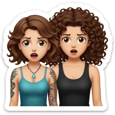 mutated crystal — long wavy brown hair tattooed woman and short tight curly brown hair woman — shocked reaction sticker