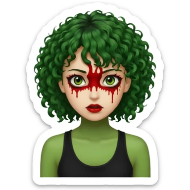 crie uma mulher, vibe total terror. mas ela com cabelo cacheado e franja. e pele verde. SAIA SANGUE DOS OLHOS VERMELHOS. ELA USA BLUSA REGATA PRETA. sticker