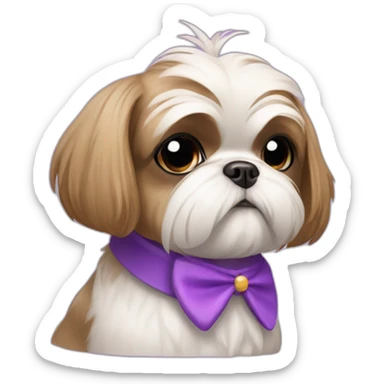 shihtzu dog wearing a bun and a pueple collar sticker