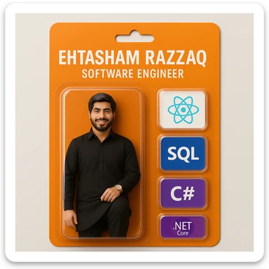 Create a realistic action figure toy of the person in the photo, packaged in a strong orange card blister pack. The figure is inside its own blister. Next to the figure, include four separate blisters, each containing one piece of equipment: 1) a React logo, 2) a SQL logo, 3) a C# logo, 4) a .NET Core logo. Each equipment is in its own individual blister, do not repeat any equipment. On top of the box, write 'Ehtasham Razzaq' and underneath it, 'Software Engineer'. The entire scene should look like a real, professionally packaged action figure toy. The style should be photorealistic and realistic as a real toy packaging. sticker