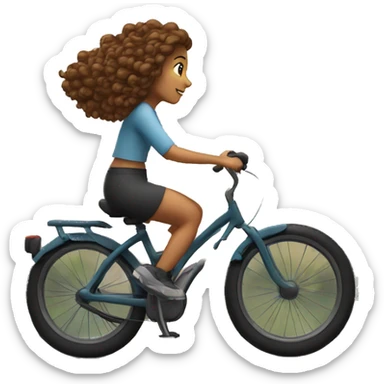 Fair looking girl with curly brown hair riding bicycle early in the morning with mountain in the background sticker