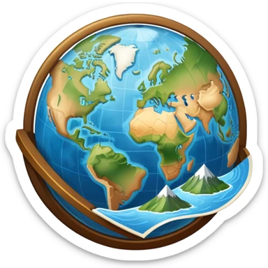 An icon featuring a globe, a compass, and a map, symbolizing geography. The design includes mountain ranges, rivers, and continents, representing the study of Earth’s landscapes and environments. Transparent background highlights the exploration and understanding of the world’s geography. sticker