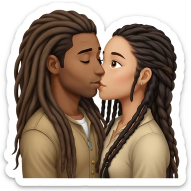Latina Woman with long hair kissing a young black guy with dreads no beard sticker