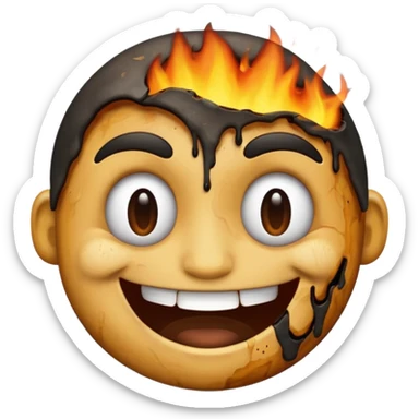 A emoji with half of his face burnt with the emoji having a big grin sticker