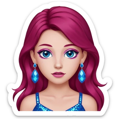 Chappell Roan (b.1998) with long dark red hair, pink sequin crop top, pink earring, blue eye, makeup sticker