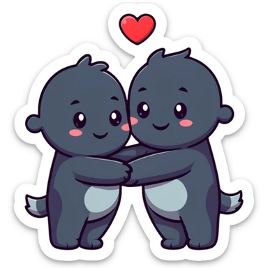 Two cute cartoon characters hugging with hearts around them sticker