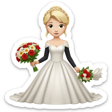 Chica blanca, cabello rubio, recogido en moño alto con mechones, vestido novia , cuerpo entero, ramo de flores en una mano, cola trasera sticker