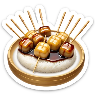Mitarashi dango with shiny soy sauce glaze drizzled over white rice dumplings on a bamboo skewer sticker