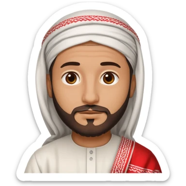 detailed iPhone-style emoji of a Saudi man with round cartoon face, short beard, brown eyes, wearing white thobe and red-and-white shemagh with black agal, both hands gently shown sticker