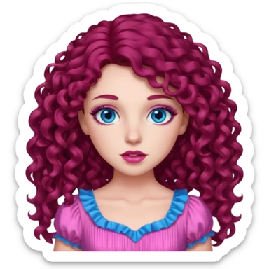 Chappell Roan long dark red curly hair, blue eyes, pink eyeshadow and lip, pink dress sticker