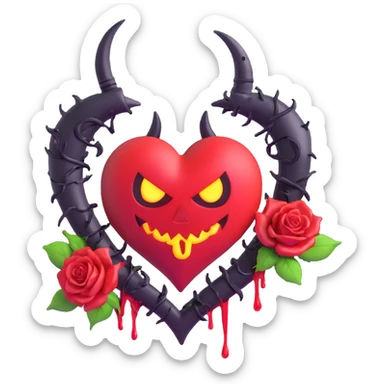 3D emoji devil heart, dark purple glass, twisted devil horns, spade tail, black roses entwined, crescent moon above, neon lightning, heavy rain, splintered glass, blood oozing from cracks sticker