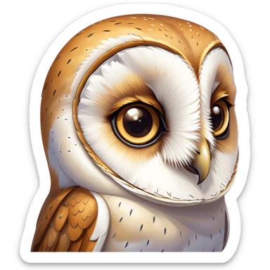 Cinematic Cute Barn Owl Portrait Emoji, Head tilted playfully and inquisitively, featuring a softly mottled Fur of white and brown with delicate feather patterns, round, sparkling amber eyes filled with curious wonder, Simplified yet irresistibly adorable features, highly detailed, glowing with a warm, friendly glow, high shine, affectionate and gentle, stylized with a touch of barnyard whimsy, bright and endearing, soft glowing outline, capturing the essence of a mischievous yet loving owl, so playful it feels like it could swoop out of the screen and into your arms! sticker