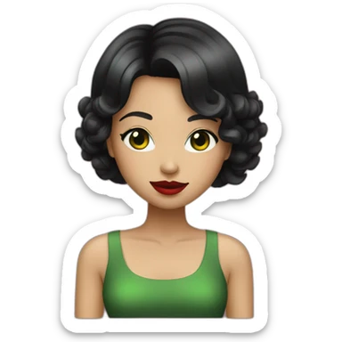 girl with green eyes and black short bob hair and red lipstick sticker