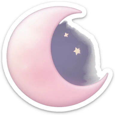 Moon Emoji "A crescent-shaped pastel pink moon with a shimmering glow, surrounded by twinkling stars and a soft cloud-like mist." sticker